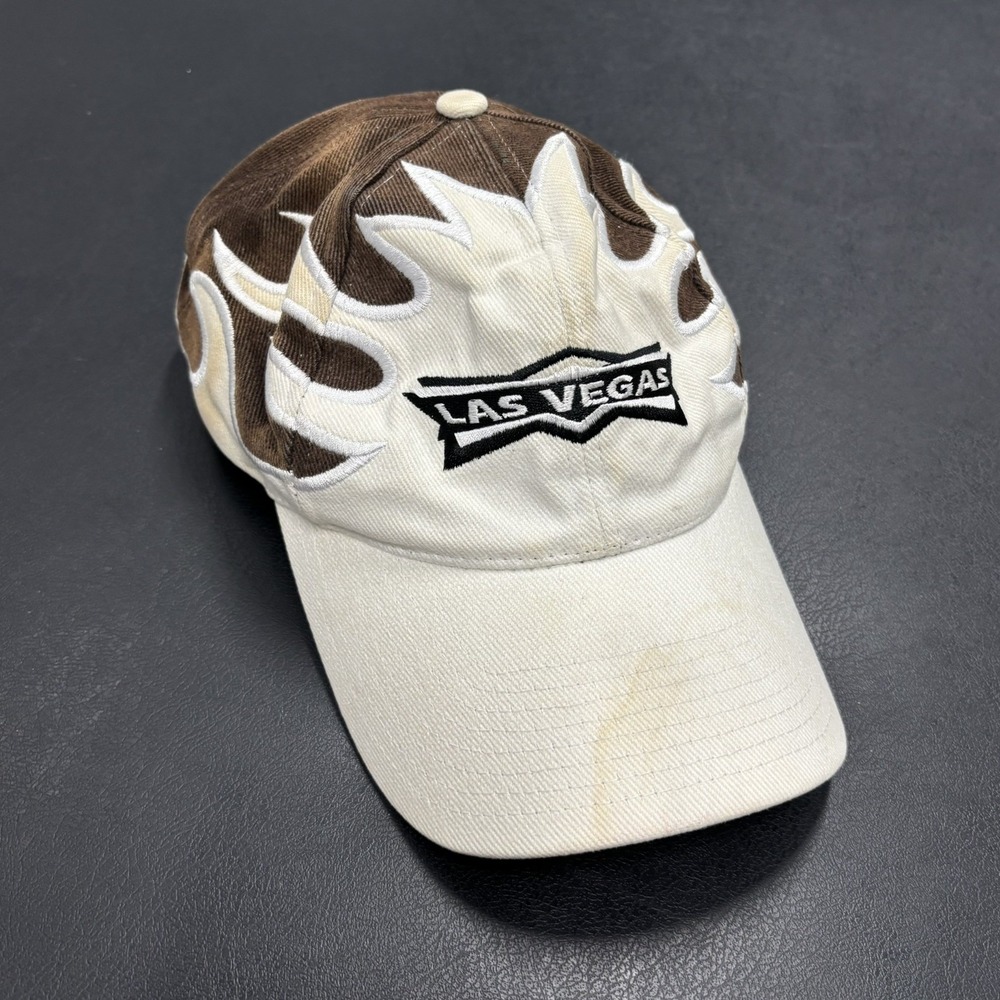 Vintage Las Vegas Baseball Cap Hat‎ Adjustable Strap White Brown Flames